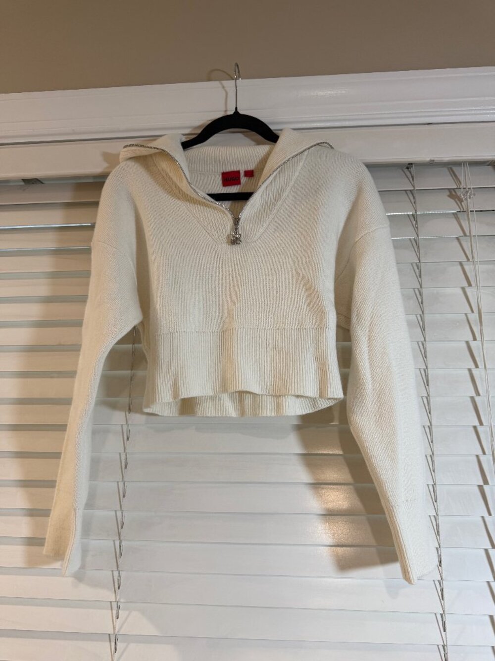 HUGO Hugo Boss Sheveni Cropped Half Zip Knit Sweater Cream Small